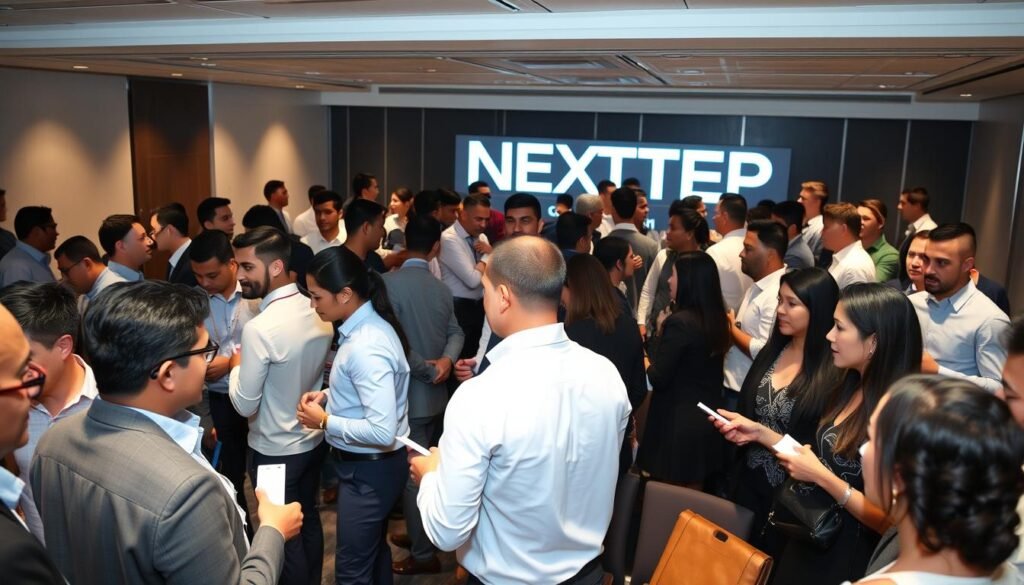 Networking Opportunities: Bustling professional gathering in a modern, well-lit conference room. Diverse group of men and women engaged in lively discussions, exchanging business cards, and connecting over shared interests. Sleek, minimalist furniture and a large NEXTSTEP logo on the wall create a sophisticated, tech-forward atmosphere. Soft, directional lighting casts a warm glow, highlighting the focused expressions and animated gestures of the attendees. A sense of opportunity and potential fills the air as new connections are made and ideas are shared.