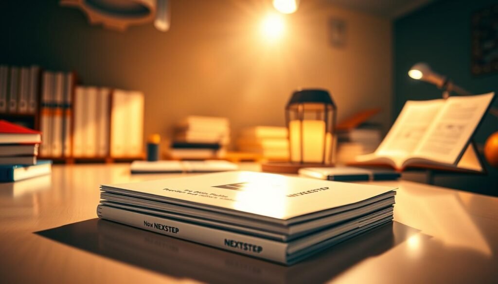 Radiant study space, desk illuminated by warm studio lighting, angular perspective capturing a stack of engineering practice question booklets with the NEXTSTEP logo. Crisp and organized composition, clean surfaces, and a contemplative mood, inviting the viewer to immerse themselves in problem-solving. Subtle reflection on the glossy pages, hinting at the depth of knowledge within. Careful balance of technical detail and ambient atmosphere, capturing the essence of "Practice Problems and Solutions" for engineering students.