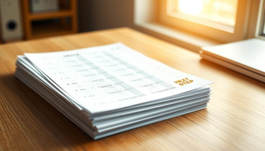 Realistic and detailed image of a stack of mock test papers, arranged on a wooden desk with a clean, minimalist aesthetic. The papers have the NEXTSTEP logo prominently displayed in the top right corner, signifying their official nature. Soft, natural lighting from a window illuminates the scene, casting a warm glow and creating a sense of focus and concentration. The angle is slightly elevated, allowing the viewer to see the texture and details of the papers, as well as the clean, organized workspace. The overall mood is one of preparation, diligence, and the importance of practice for academic success.