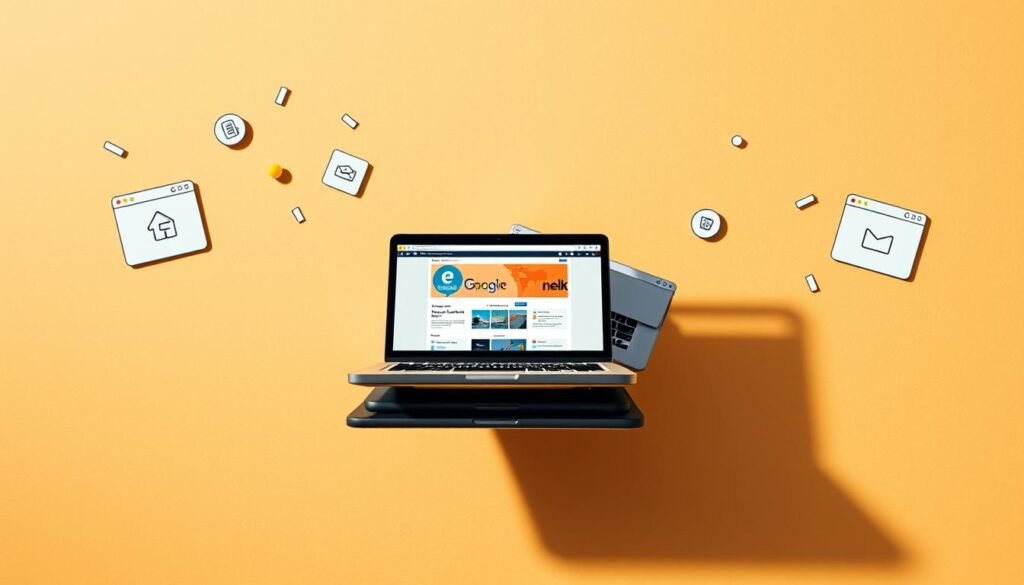 Recommended websites floats in a minimalist, clean-lined composition. Warm-toned notebook pages form the background, with scattered icons and web browser windows highlighting the digital nature of the content. A central stack of laptop screens displays an array of websites, their logos and UI elements subtly visible. Soft lighting casts gentle shadows, creating depth and dimensionality. The overall tone is one of simplicity, focus, and educational utility, befitting the subject matter of the article.