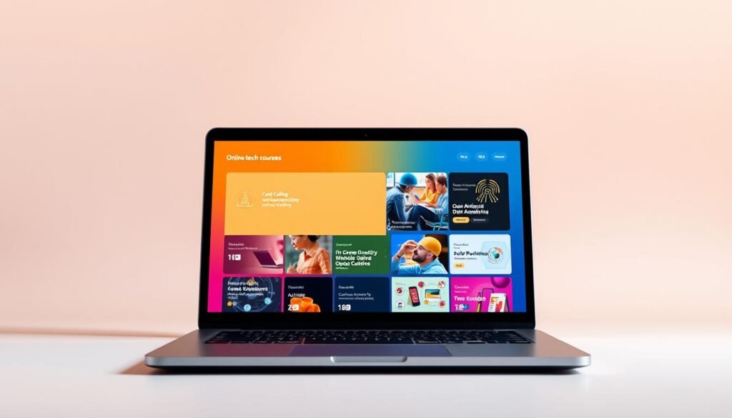 Vibrant online tech courses, displayed on a sleek laptop against a minimalist backdrop. The screen showcases a variety of course offerings, from coding and cybersecurity to data analysis and digital marketing. The laptop is positioned in a well-lit studio setting, with soft, diffused lighting creating a warm, inviting atmosphere. The composition emphasizes the digital nature of the courses, with clean lines, muted tones, and a sense of modern sophistication. The focus is on the laptop screen, drawing the viewer's attention to the educational content, while the surrounding environment provides a sense of context and professionalism.