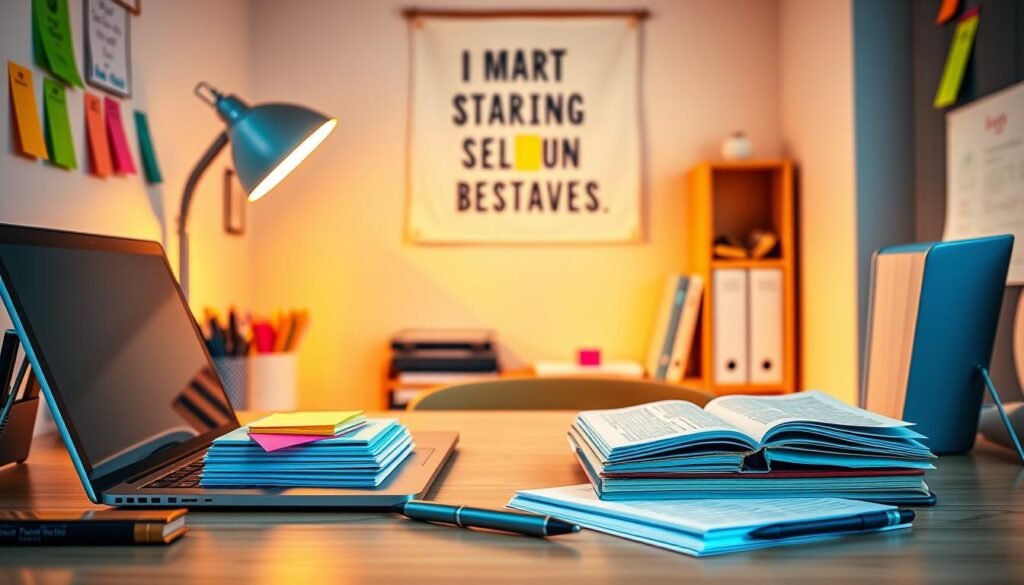 Vibrant study nook with organized desk, colorful sticky notes, and efficient time-saving tools. Warm lighting casts a focused glow, inviting the viewer to immerse themselves in effective learning strategies. Sleek laptop, ergonomic pen, and a stack of study materials suggest a productive, streamlined approach. In the background, a minimalist bookshelf and a motivational wall hanging create an inspiring, distraction-free environment. The overall atmosphere conveys a sense of calm concentration, where time-saving techniques are effortlessly employed to maximize productivity.