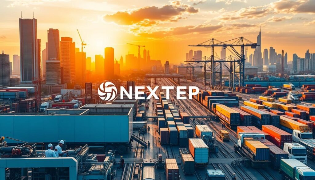 Vocational education impact: A bustling city skyline, with towering skyscrapers and cranes dotting the horizon. In the foreground, a modern manufacturing facility with the text logo "NEXTSTEP" prominently displayed. Skilled workers in crisp uniforms operate state-of-the-art machinery, producing high-quality goods. The scene is bathed in warm, golden light, conveying a sense of productivity and economic prosperity. In the middle ground, a bustling transportation hub, with trains, trucks, and cargo ships efficiently moving goods. The background features a vibrant cityscape, with people bustling about, reflecting the dynamic and thriving economy fueled by vocational education.