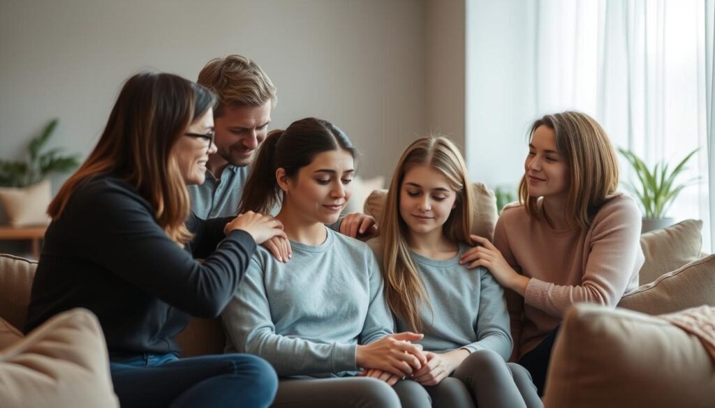 Warm, inviting interior setting with comfortable seating arrangements. A group of people providing emotional support and encouragement to a stressed student, their expressions conveying empathy and understanding. Soft, diffused lighting casts a calming glow, creating an atmosphere of safety and trust. The student's posture and body language suggest a sense of relief and openness to the support being offered. Subtle details, such as soothing color palette and thoughtful placement of objects, contribute to the overall sense of care and understanding.