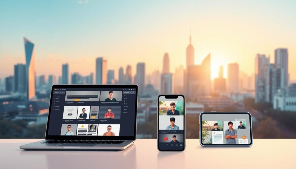 a digital illustration of a modern online learning platform, with a clean, minimalist design. In the foreground, there is a laptop and smartphone displaying various educational content and courses. The middle ground features several students or professionals engaged in virtual classrooms, videoconferences, and online discussions. The background showcases a cityscape with skyscrapers, symbolizing the accessibility and reach of these online vocational programs. The lighting is warm and natural, creating a welcoming and productive atmosphere. The overall scene conveys the convenience, flexibility, and widespread adoption of online vocational education in the current educational landscape. a digital illustration of a modern online learning platform, with a clean, minimalist design. In the foreground, there is a laptop and smartphone displaying various educational content and courses. The middle ground features several students or professionals engaged in virtual classrooms, videoconferences, and online discussions. The background showcases a cityscape with skyscrapers, symbolizing the accessibility and reach of these online vocational programs. The lighting is warm and natural, creating a welcoming and productive atmosphere. The overall scene conveys the convenience, flexibility, and widespread adoption of online vocational education in the current educational landscape.