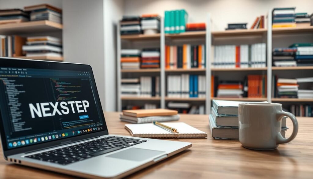 a high-quality, professional-looking image of computer programming resources for students, set in a clean, modern workspace. In the foreground, a laptop displays the "NEXTSTEP" logo alongside various coding windows and development tools. In the middle ground, a stack of books, a notebook, and a mug of coffee convey a studious atmosphere. The background features shelves filled with programming manuals, textbooks, and other educational materials, all illuminated by soft, directional lighting that creates a warm, inviting ambiance. The overall scene should reflect a productive, technology-driven environment conducive to learning and skill development.