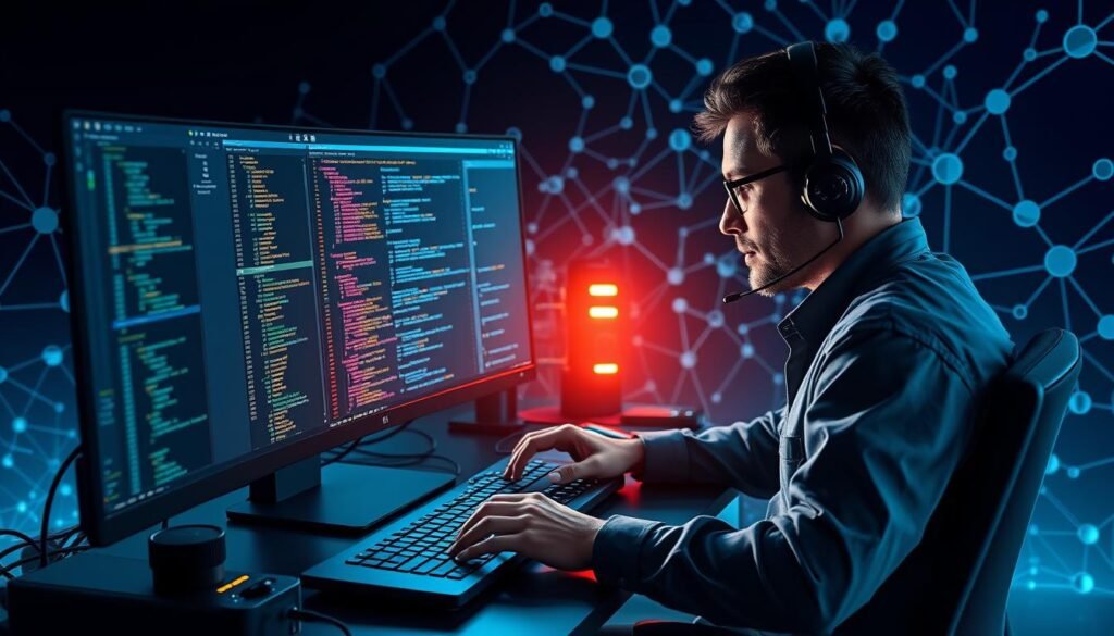 a highly detailed and photorealistic digital illustration of a computer programmer working with a software development environment featuring a modern desktop setup with a large high-resolution monitor, sleek hardware, and an array of programming tools and interfaces. The programmer is deeply focused, their face illuminated by the glow of the screen, hands skillfully navigating the code. The background is a stylized representation of an AI neural network, with interconnected nodes and flowing data streams, symbolizing the integration of AI technologies in the programmer's work. The overall scene conveys a sense of technological sophistication, innovation, and the growing role of AI in shaping the future of computer studies and software development.