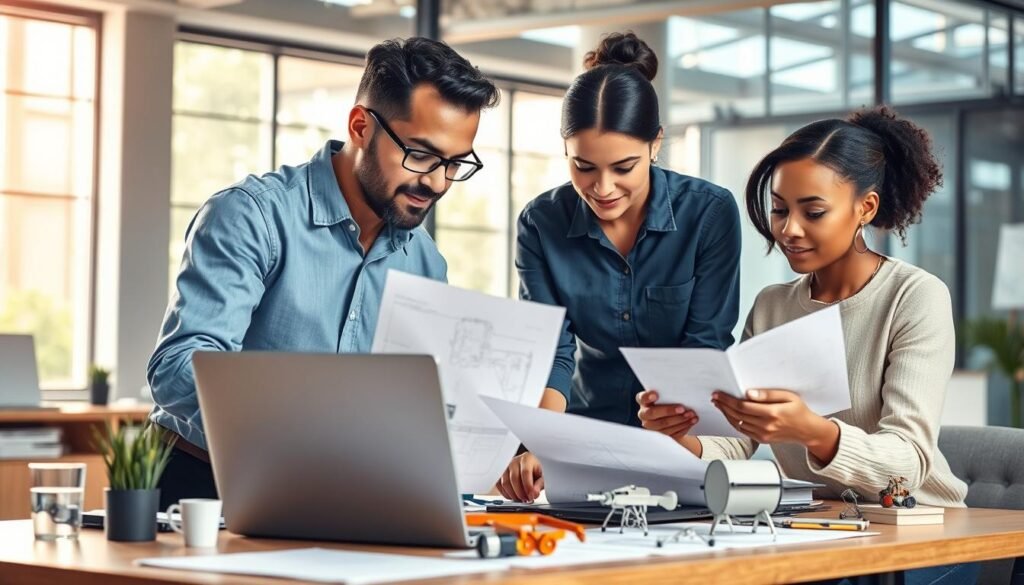 a highly detailed, photorealistic digital illustration of the topic "learning style for engineers". the image shows a group of three diverse engineers - a man and two women - in a modern office setting, working together on a collaborative project at a desk. the engineers are using various tools and materials, including a laptop, blueprints, and engineering models, to represent their different learning styles and problem-solving approaches. the scene is well-lit with natural light coming in from large windows, casting a warm, inviting glow. the overall atmosphere is one of focus, creativity, and teamwork, capturing the essence of how engineers with different learning styles can work together effectively.
