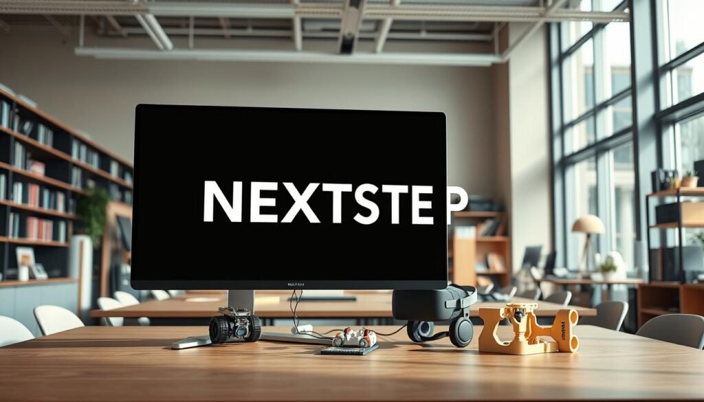 a highly detailed, photorealistic image of a computer studies project display, set in a modern university classroom. The foreground shows a large, sleek computer monitor displaying a text logo that says "NEXTSTEP" in a clean, minimalist font. In the middle ground, there are several student-built projects, such as a small-scale robot, a virtual reality headset, and a 3D-printed model. The background features floor-to-ceiling windows letting in natural light, bookshelves, and other academic props that create a studious, innovative atmosphere. The overall scene conveys a sense of creativity, technology, and the pursuit of knowledge in the field of computer studies.