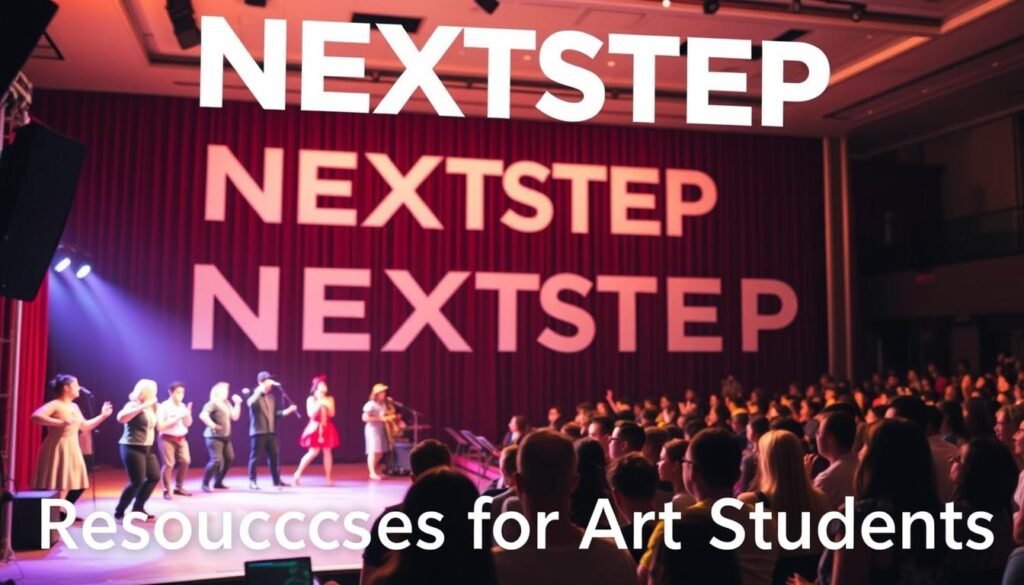 a highly detailed, photorealistic image of an arts program showcase, with a vibrant and well-lit stage in the foreground, showcasing various artistic performances such as dance, music, and theater. In the middle ground, an audience of enthusiastic spectators watching the performances, and in the background, a large NEXTSTEP text logo is prominently displayed, with the logo text fully visible and clear. The lighting is warm and inviting, creating a lively and engaging atmosphere. The image captures the energy and excitement of an arts program event, suitable for illustrating the "Resources for Arts Students" section of the article.